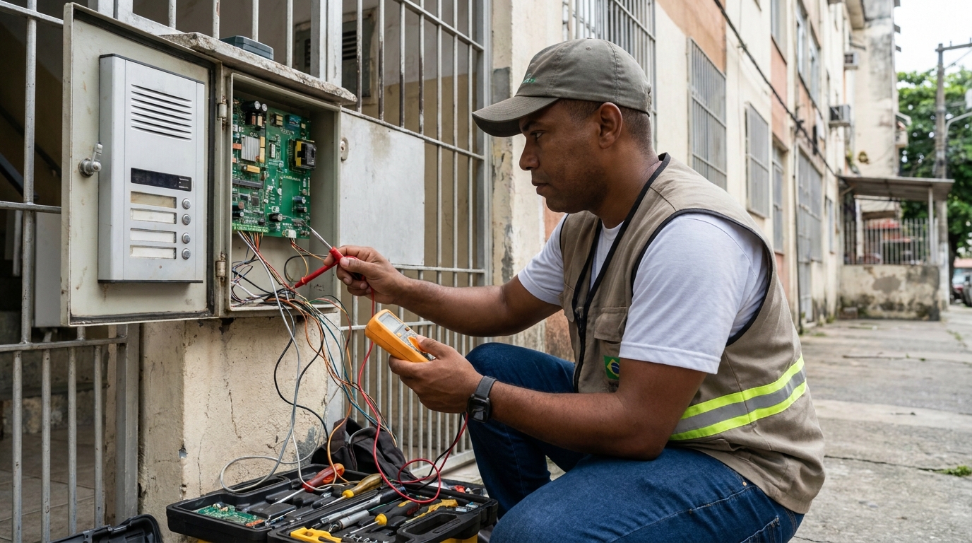 Eletricista consertando interfone em Cuiabá‑MT