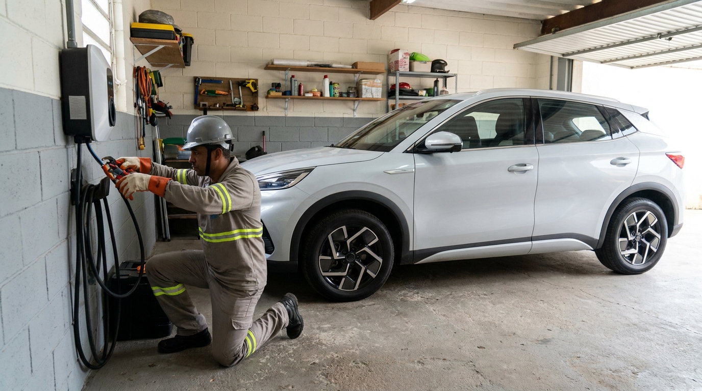 Eletricista instalando carregador de carro eletrico em Cuiabá‑MT
