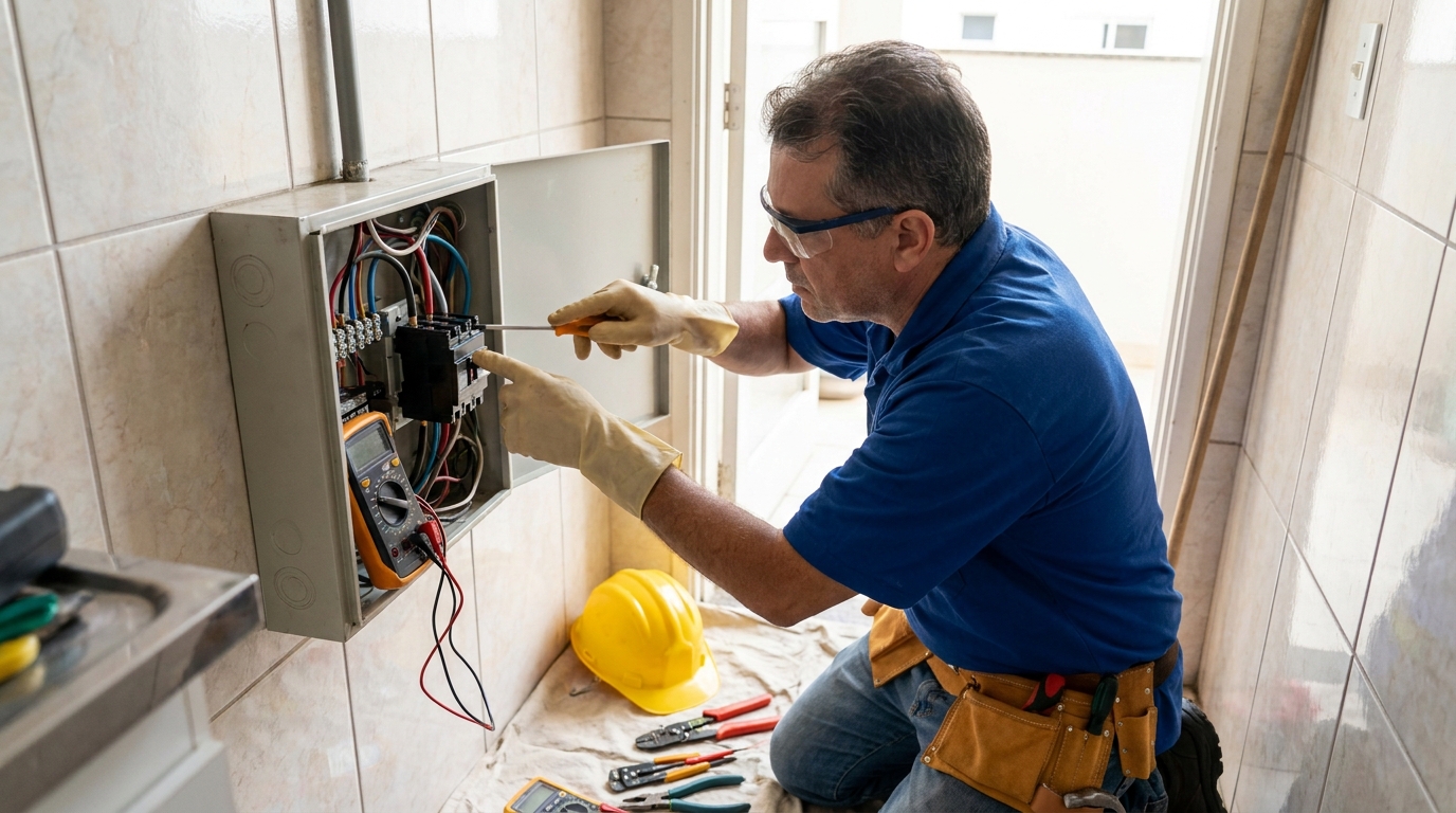 Eletricista instalando disjuntor em Cuiabá‑MT