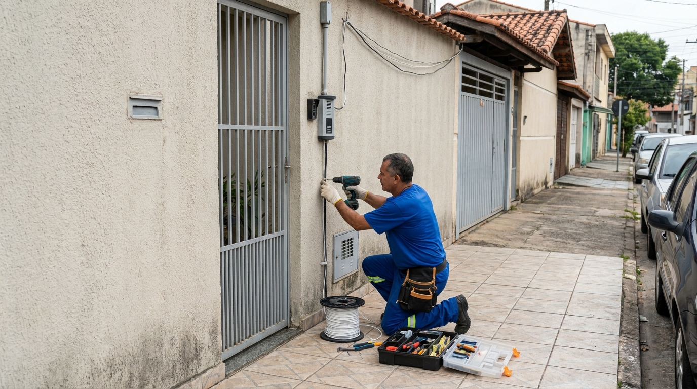 Eletricista instalando interfone em Cuiabá‑MT