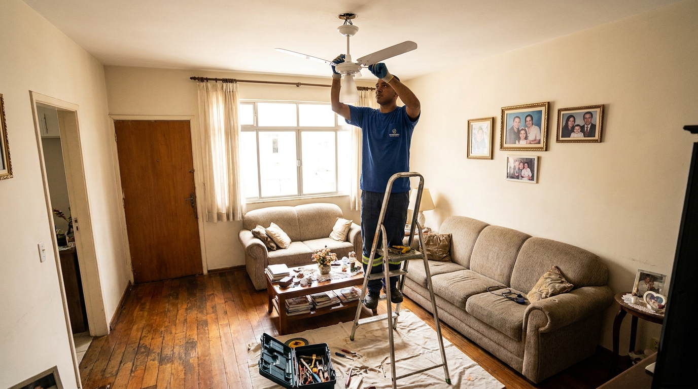 Eletricista instalando ventilador de teto em Cuiabá‑MT
